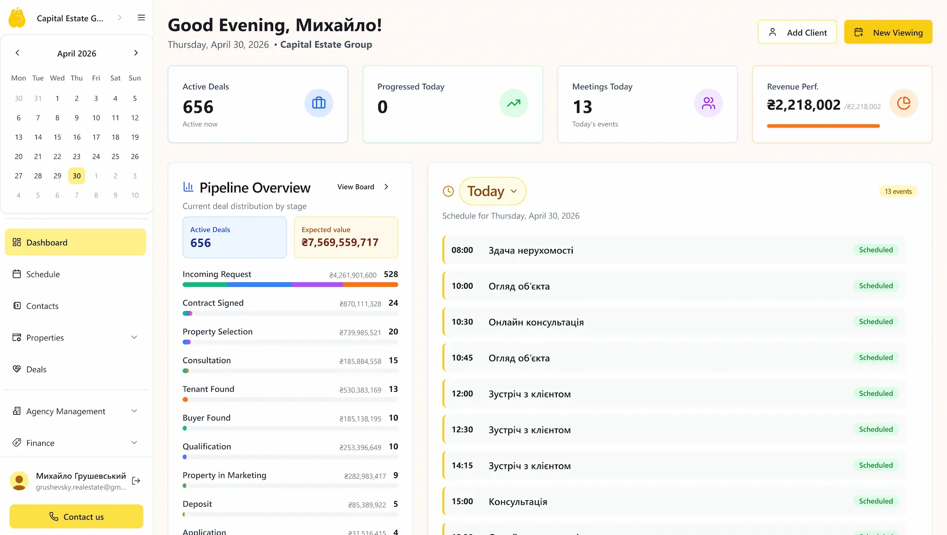 RealECon CRM - Main Dashboard