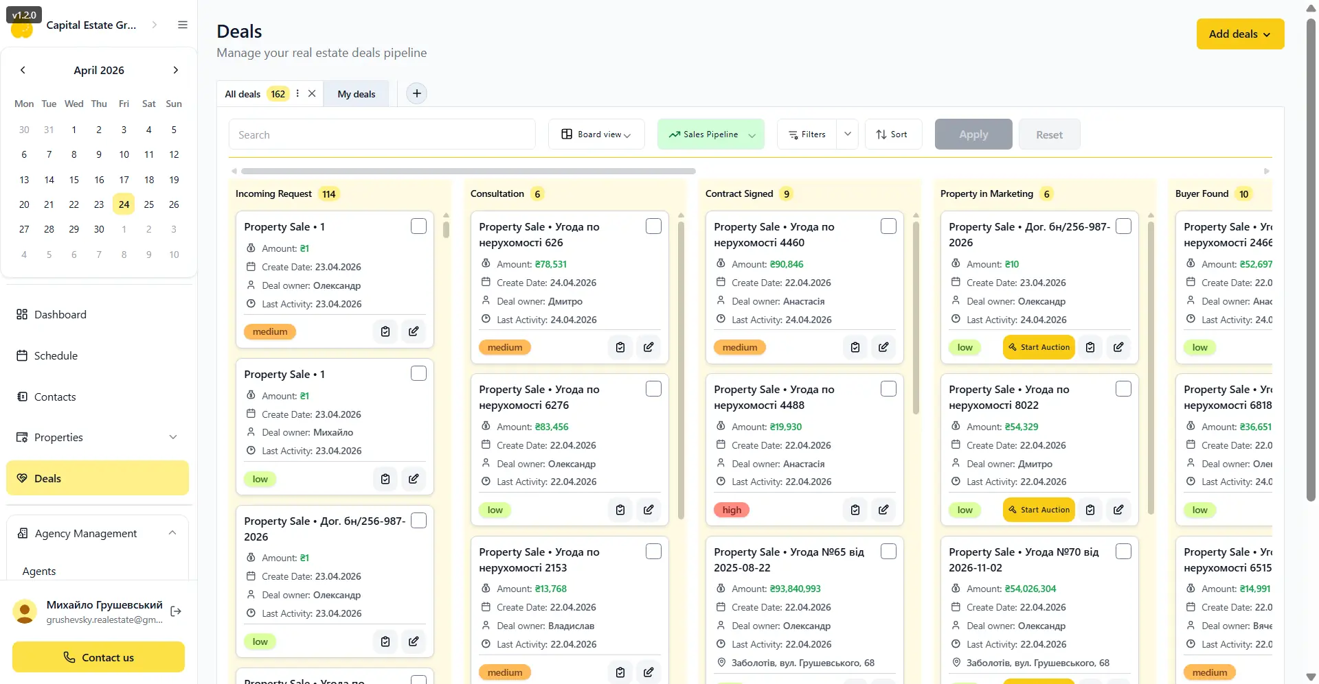 RealECon CRM Dashboard - Deals Pipeline